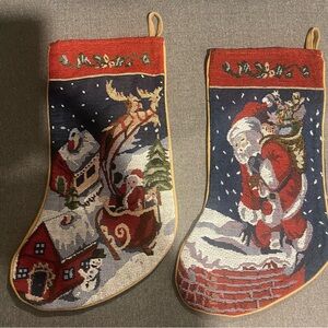 Vintage Dollarama Festive Santa and Sleigh Tapestry Stockings